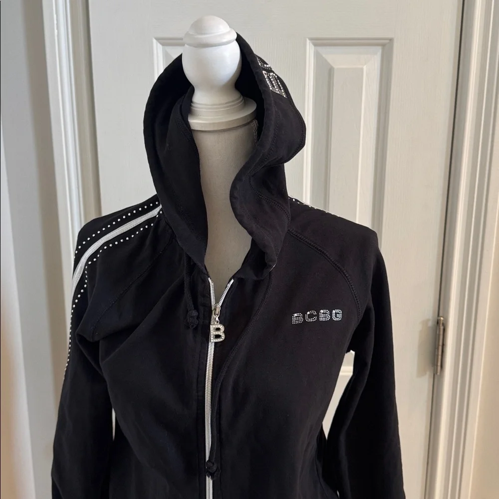 BCBG MaxAzria Vintage Black Hooded Jacket with Rhinestone & Studded Accents - Picture 2 of 12